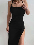 Purpdrank  New Sexy Black Long Bodycon Dress Women Summer Sleeveless Blackless Halter Neck Spaghetti Strap Dresses High Split Vestidos