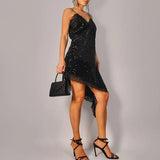Purpdrank  Elegant Shiny Sequins Suspender Dress Sexy V-neck Sleeveless Irregular Party Dress Women's Fashion Backless Draped Mini Dresses