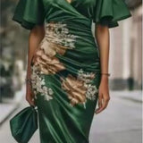 Purpdrank  Digital Printed Pleated Flower Dress Spring Summer Women's New V-neck Short-sleeved Long Dress