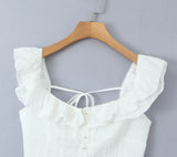 Purpdrank  White Spliced Wood ears Ruffles Embroidery Hollow Out Hole Sexy Corset Women Summer Tank Tops Slim Through Buttons Crop Top