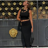 Purpdrank  Luxury 3D Metal Flower Women Two Piece Set Hollow Out Sleeveless Slim Cropped Tops High Waist Maxi Skirt Party Vacation Suits