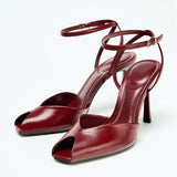 Purpdrank  Red Pointed Toe Soft Leather High Heel Sandals Women Sexy Open Toe Ankle Buckle Thin Heel Dress Shoe Elegant Wedding Bridal Shoe