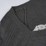 Purpdrank  Autumn Sweet U Neck Long Sleeve Lace Patchwork Slim Waist Single Breasted Knitted Pullover