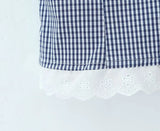 Purpdrank  Sexy Blue Plaid Lapel V neck Short Puff Sleeve Shirt Tank Top + Women Bow Zipper Waist A-line Pleated Mini Skirt 2 Pieces 1 Set