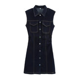 Purpdrank  Summer Street Style Women's Dress Single Button Notch Collar Pleated Sleeveless Mini Skirt Length Regular Waist Line