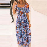 Purpdrank  Summer Beach Dress Women Casual Short Sleeve Square Collar Elastic Waist High Waist Bohemian Floral Print Maxi Dress Plus Size