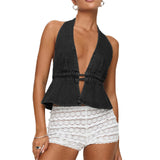 Purpdrank  Women's Y2K Summer Halter Neck Crop Tops Bow Tie-up Sleeveless Deep V-Neck Backless Solid Color Denim Flare Vest