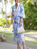 Purpdrank  Women Vintage Floral Printed Split-Side Evening Dresses New Summer Flared Sleeves Loose Deep V-Neck Elegant Dress
