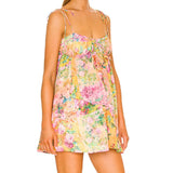 Purpdrank  Women Bow Lacing up Sling Robe Holiday BOHO Ruched Chest Orange Flower Print Spaghetti Strap Mini Dress