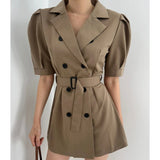 Purpdrank  Summer Vintage Double Breasted Women's Short Blazer Dresses Sashes 2025 New Short Sleeve Casual Loose Mini Dress Female