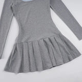 Purpdrank  Korean Preppy Style Grey Dress Women's Patchwork Lapel Collar Button Long Sleeve Slim Fake Two-Piece Pleated Mini Dress