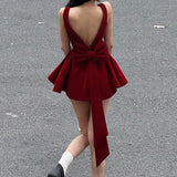 Purpdrank  Cute Mini Gowns For Party Dating Outfits Red Square Collar Strap Backless High Waist Bowknot Patchwork Pleated Dresses