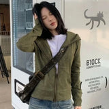 Purpdrank  Streetwear Vintage Green Harajuku Hoodies Women Preppy Style Casual Loose Hoody Y2k Aesthetic Grunge Zipper Sweatshirt Tops
