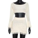 Purpdrank  Sexy Tassel Two Piece Women Crocheted Knit Skirts Sets 2025 Autumn Winter Off Shoulder Long Sleeve Cropped Tops and Mini Skirt