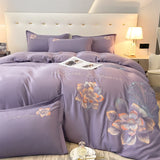 Purpdrank  Flowers Embroidery Bedding Set Comfortable Light Luxury Four-Piece Set With Lace Girl King Duvet Cover Set Bed Sheet Pillowcases