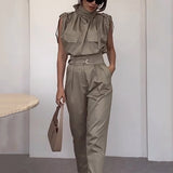 Purpdrank - Women Two Piece Sets Summer Elegant Sleeveless Solid Pants Sets Tie Neck Waist Belt Chic Office Outfit With Pocket