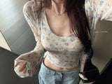 Purpdrank  Y2k Casual Summer Flower Print Slim Square Collar Vest Long Sleeve Top Two Piece Set Women