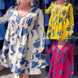 Purpdrank  Autumn Elegant V-neck Button Midi Dress Women's Fashion Pattern Printed Loose A-Line Dress Casual Long Sleeve Holiday Dress