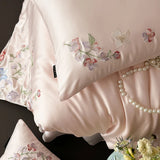 Purpdrank  Elegant Flowers Embroidery Bedding Set 600TC Lyocell Cool Feeling Soft Silky Duvet Cover Bed Sheet/Fitted Sheet Pillowcases 4Pcs