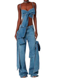 Purpdrank  Sexy Bowknot Vintage Denim Two Piece Women Pants Outfit 2025 Fashion Strapless Cropped Top and Wige Leg Straight Jeans Pant Sets