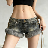 Purpdrank  Punk Rock Fuzzy Trim Denim Shorts American Retro Studded Low Waist Side Lace-up Hot Pants for Women Y2K Fashion Streetwear