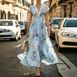 Purpdrank  New Summer Sweet Floral Printed A-Line Dress Elegant Women Lace V-Neck Short Sleeve Long Dress Fashion Fluttering Bohemian Dress