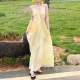 Purpdrank  Seaside Vacation Style Yellow Dyed Camisole Dress Women's Summer Temperament Sleeveless Loose Baggy Dress Medium Long Skirt