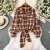Purpdrank  Retro Hong Kong Sle Plaid Long Sve irt Women's ort Length Turn-down Collar Slimming Waist Tie Top for Autumn 2025