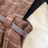 Purpdrank - High Quality Fall Winter Women Sweater Overalls Dress Sets Casual Knitted Tops +Plaid Woolen Dress 2 Piece Sets Outfits Female
