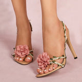 Purpdrank  Bohemian Style Fashion Vine Weave Back Strap Sandals Women Pink Flowers Open Toe Gladiator High Heels Wedding Prom Shoes