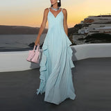 Purpdrank   Summer New Women Commute Robes Luxury V-neck Sleeveless Halter Evening Dress Elegant Pure Color High Waist Ruffles