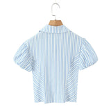 Purpdrank  Stylish Blue White Striped Lapel ollar Short Puff Sleeve Shirt Women Slim Waist Open Buttons Crop Blouse Girl's Tops