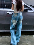 Purpdrank  Retro ripped jeans women summer American style high street straight leg pants design sense high waisted floor length pants