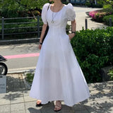 Purpdrank  Chic Summer Women's Long A-Line Dress round Neck Bubble Sleeve High Waist Slimming Gown Korean Style Commute Friendly Polyest...