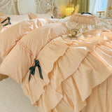Purpdrank  100% Cotton Korean Princess Style Three-layer Ruffles Bow Bedding Set Duvet Cover Bed Skirt Bedspread Pillowcases Wedding Gifts