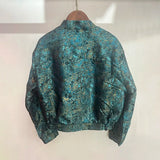 Purpdrank  Vintage Casual Glitter Green Round Collar Jacket Women Long Sleeve Zipper Pocket Loose Coat 2025 Autumn Fashion High Street Coat