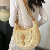 Purpdrank  Fashionable Rattan Handmade Shoulder Bag Solid Color Adjustable Shoulder Strap Crossbody Bag Versatile Women's Bag