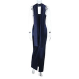 Purpdrank  Elegant Satin Scarf Spaghetti Strap Maxi Dresses For Women Sexy Slit Party Evening Dress Navy Blue Gowns