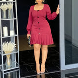 Purpdrank  Classy Red Elegant Dresses for Women Square Neck Long Lantern Sleeves Button Front Perfect for Cocktail Party and Evening Events
