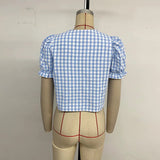 Purpdrank  Holiday Style V-neck Puff Sleeve Plaid Shirt Top Women Fashion 2025 Summer Boho Lace Up Casual Short Blouses