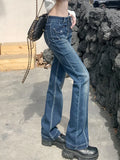 Purpdrank  Blue Splice Vintage Pocket Flared Jeans Women Y2K Streetwear Casual Slim Stretchable Denim Pants Female Autumn Winter Trousers