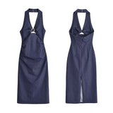 Purpdrank  Denim Dress Summer 2025 New Fashion Slim V-neck Hanging Neck Elegant Long Dress Women Street Holiday Chic Youth Party Dress