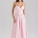 Purpdrank  Summer Sweet Pink Floral Print Dresses Women Sexy Sleeveless Hanging Neck Slim fit Long Dress 2025 Casual Beach Vacation Outfit