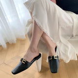 Purpdrank  High Quality Metal Buckle Decoration Flat Slipper Women Elegant Square Toe Black Casual Shoe Summer Comfort Brand Designer Shoes