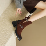 Purpdrank - 2023 Autumn Winter New Women Ankle Boots Thick High Heels Cow Suede Genuine Leather Shoes Woman Side Office Lady Retro Boots