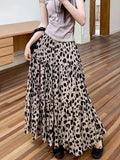 Purpdrank  Korean Leopard Print Pleated Long Skirt Women Elegant Holiday Fairycore Skirts Female High Quality A Line Party Faldas New
