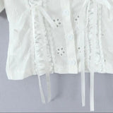 Purpdrank  Sweet White Embroidery Hollow Out Hole Splice Lace Peter Pan Collar Short Sleeve Shirt Women Ribbon Front Slim Crop Tops
