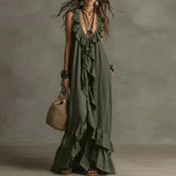 Purpdrank  Women's Boho Ruffle Irregular Hem Maxi Dress Spring Deep V Neck Loose Party Long Dresses New Summer Sleeveless Solid Beach Dress