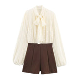 Purpdrank  European style new women's fashion, versatile, elegant, simple patchwork short jumpsuit with bow embellishment