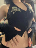 Purpdrank  Summer Vests 2025 Women's Sexy Skull Crystal Sleeveless Halter Neck Button Through Streetwear Vests